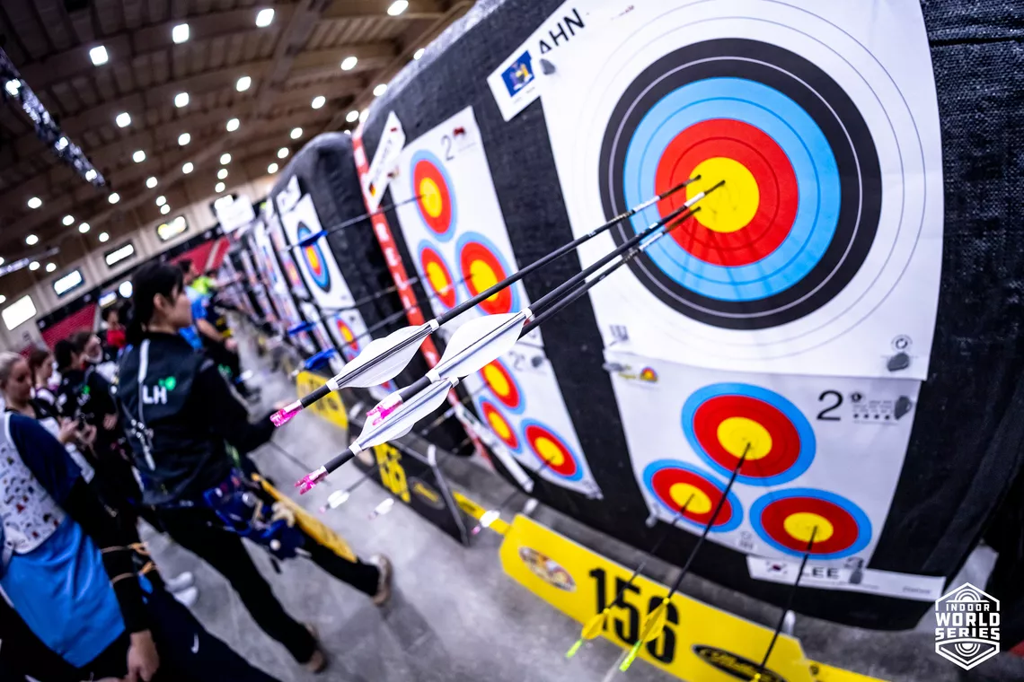 Shooting indoors at 18 metres at smaller versions of the traditional target.
