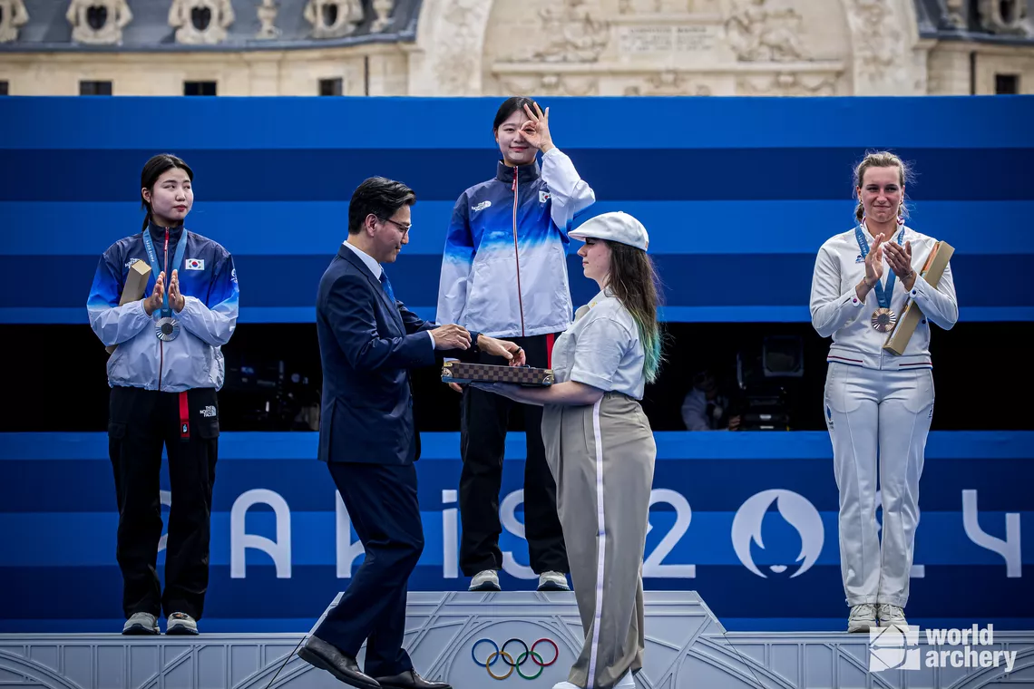 Recurve women’s podium at Paris 2024 Olympic Games.