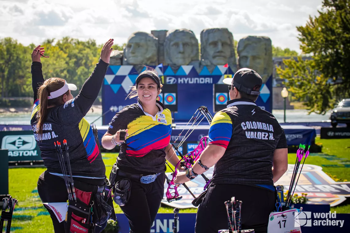 Colombia celebrates its compound women's team title at the Yankton 2021 Hyundai World Archery Championships.