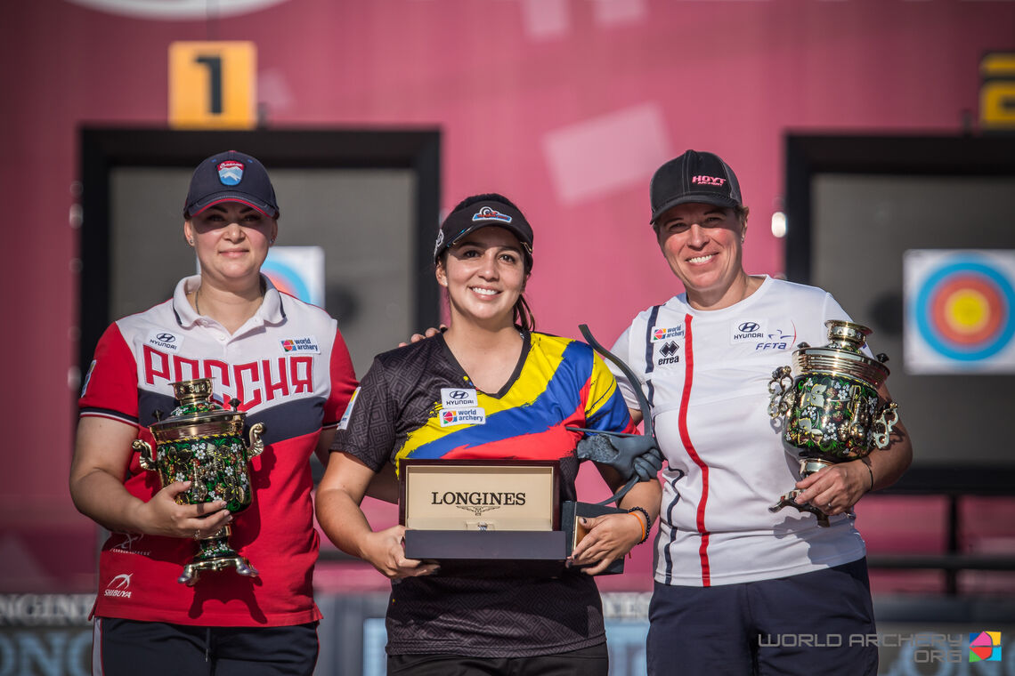 Sophie Dodemont celebrates at the Moscow 2019 Hyundai Archery World Cup Final.