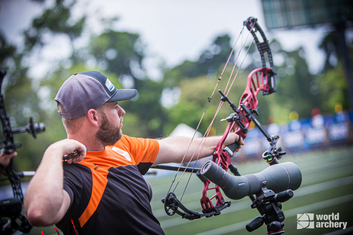 Mike Schloesser shoots during qualification at the first stage of the 2021 Hyundai Archery World Cup in Guatemala City.