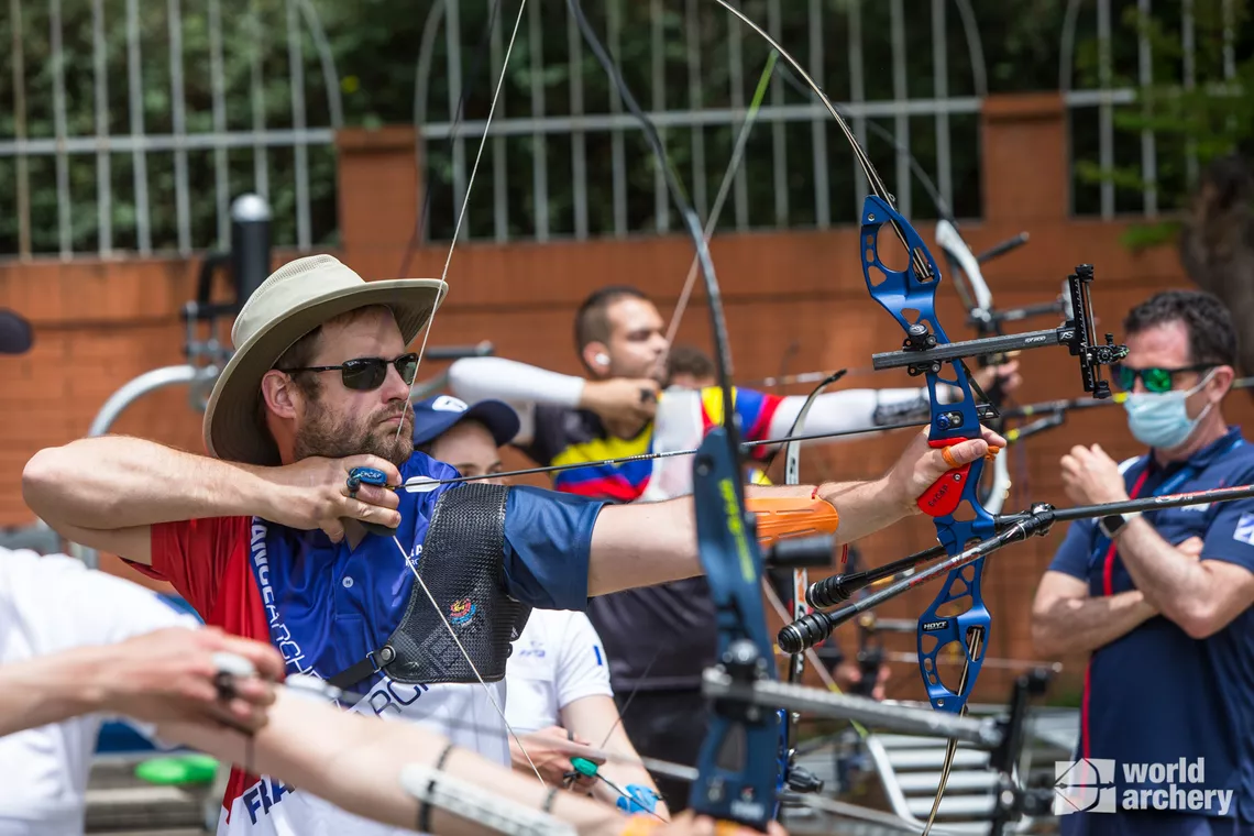 Jean-Charles Valladont shoots at the first stage of the 2021 Hyundai Archery World Cup in Guatemala City.