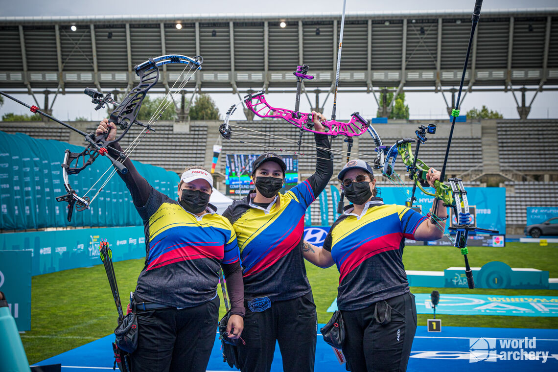 Colombia celebrates its compound women's team title at stage three of the Hyundai Archery World Cup in Paris, France. 