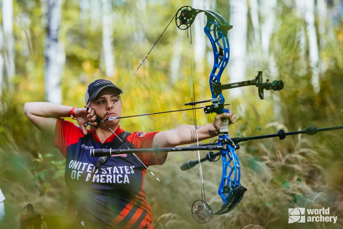 Three-time World Archery Field Champion Paige Pearce shooting in Lac La Biche 2024.