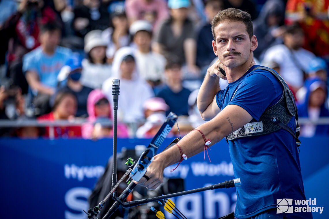 Marcus D’Almeida shoots at the Hyundai Archery World Cup stage in Shanghai.
