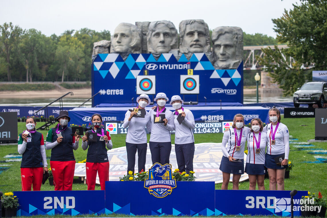 Archers pose with their medals at the Yankton 2021 Hyundai World Archery Championships. 
