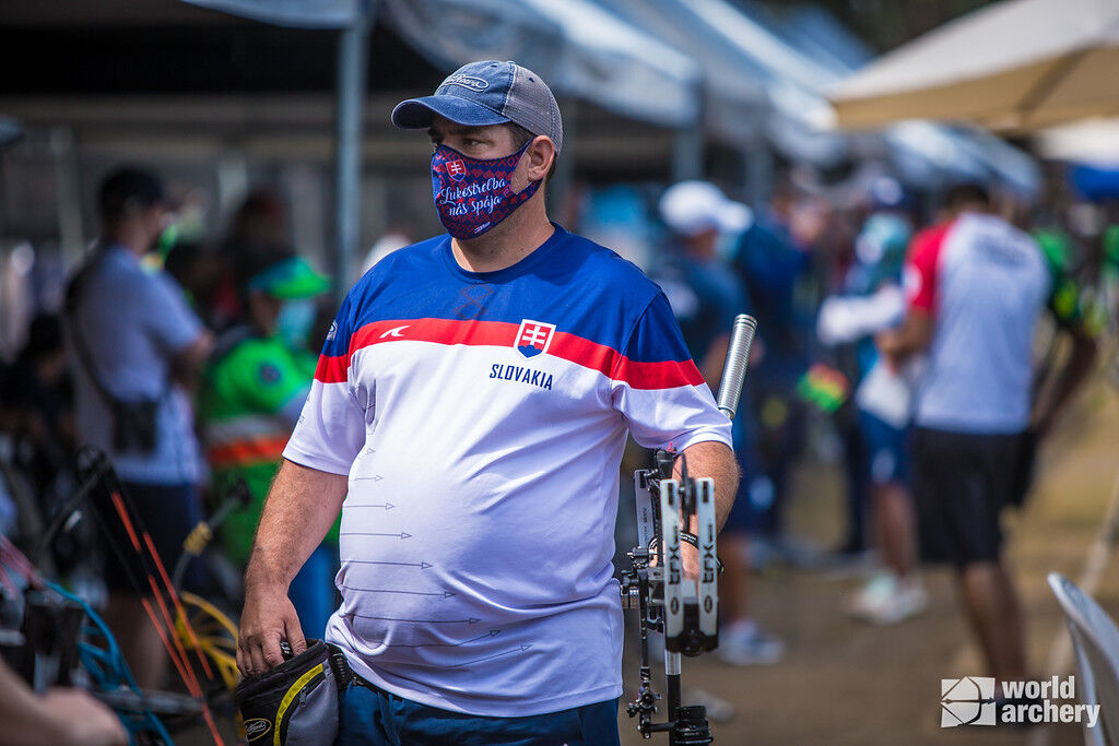 Jozef Bolansky takes a break at the opening stage of the 2021 Hyundai Archery World Cup in Guatemala City.