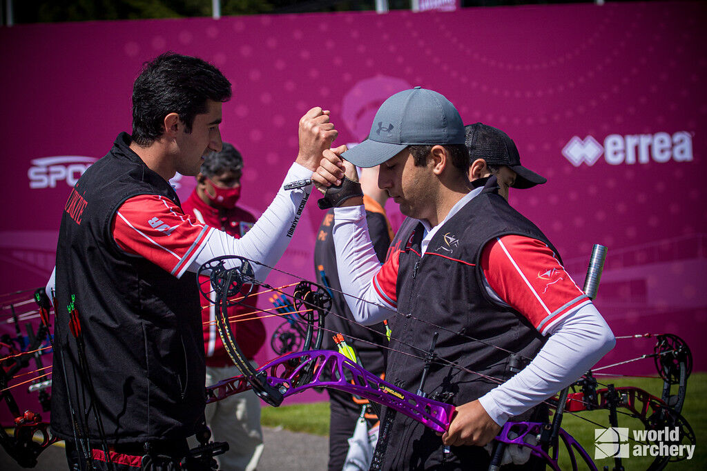 The Turkish compound men's team celebrates at the second stage of the 2021 Hyundai Archery World Cup in Lausanne.