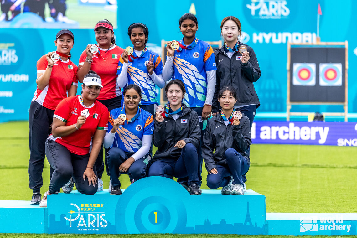 Compound women’s team podium at Paris 2023 Hyundai Archery World Cup.