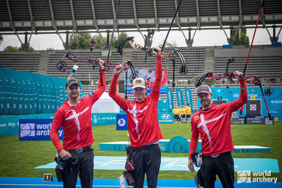 Denmark celebrates winning compound men's team gold at stage three of the Hyundai Archery World Cup in Paris. 