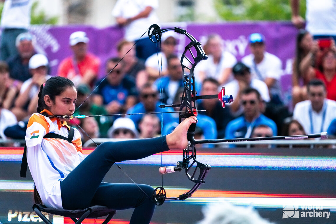 Sheetal Devi shooting in the compound women’s gold medal match.