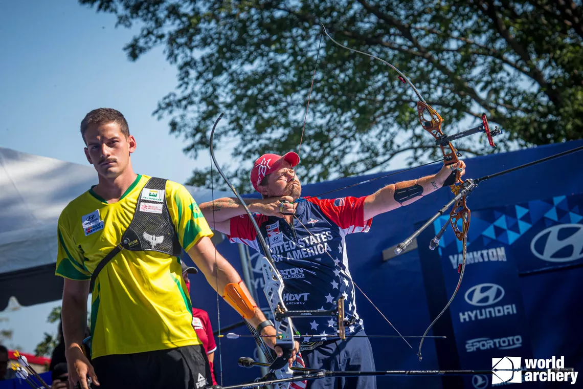 Marcus D'Almeida prepares to shoot at the Yankton 2021 Hyundai World Archery Championships.