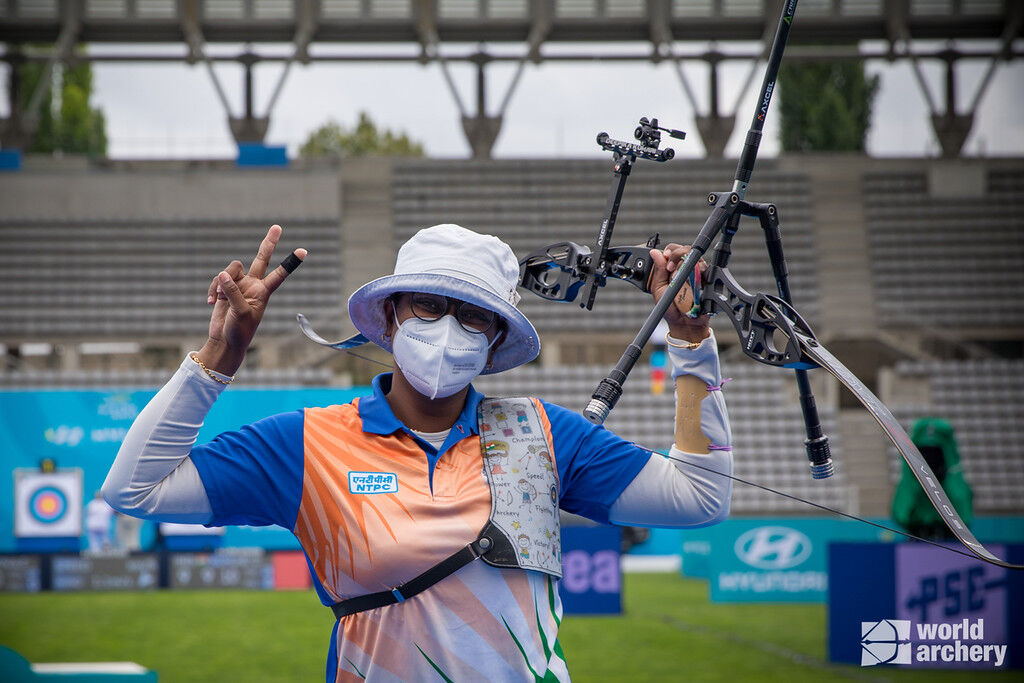 Deepika Kumari celebrates at stage three of the 2021 Hyundai Archery World Cup in Paris, France. 
