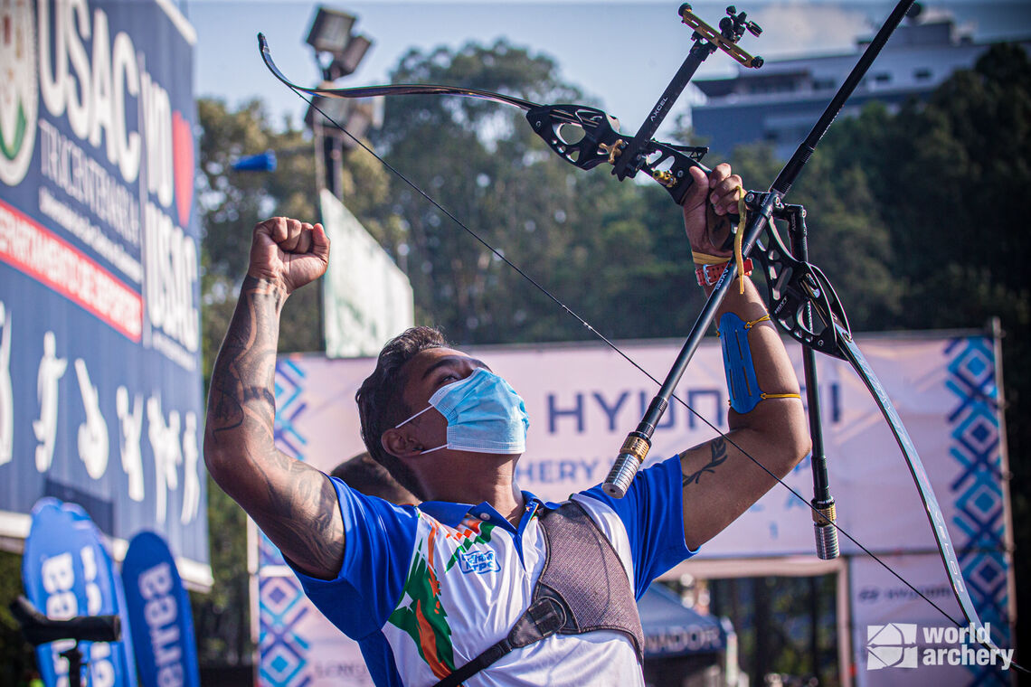 Atanu Das celebrates winning stage one of the Hyundai Archery World Cup in Guatemala City. 