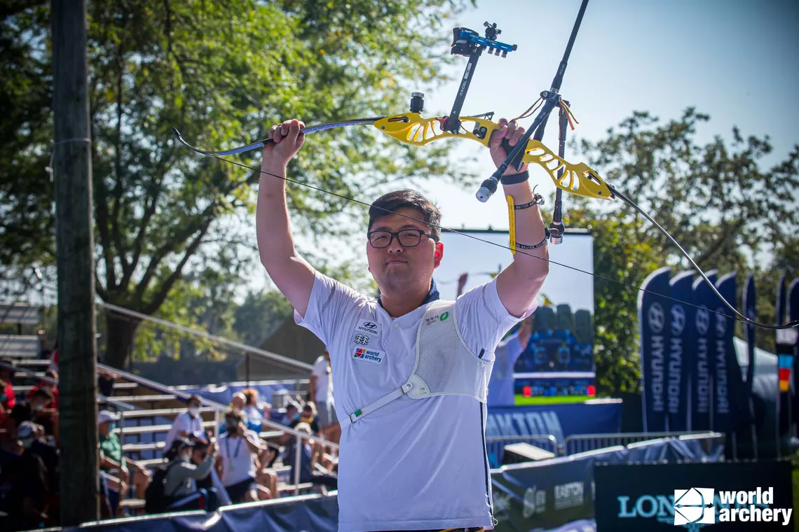 World Archery Champion 2021 Kim Woojin celebrating.