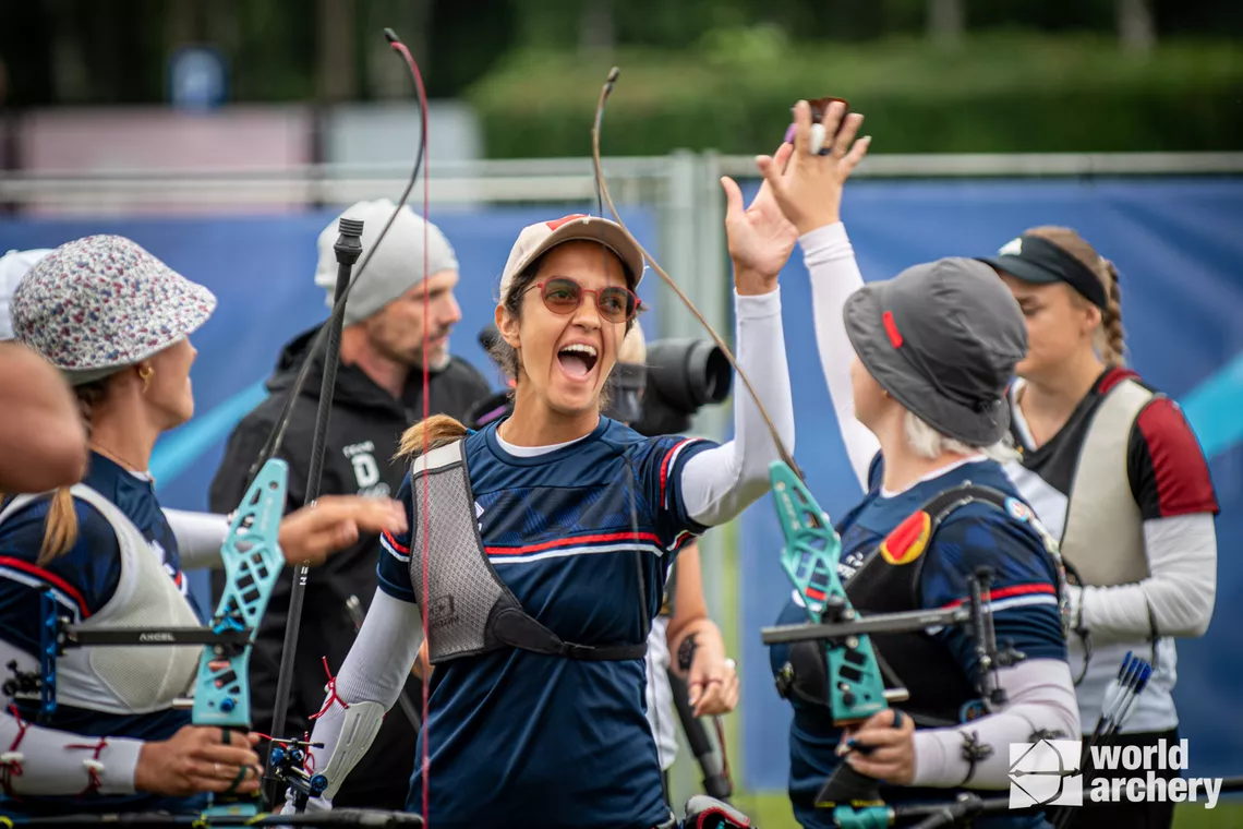 Audrey Adiceom celebrating European Games team silver.