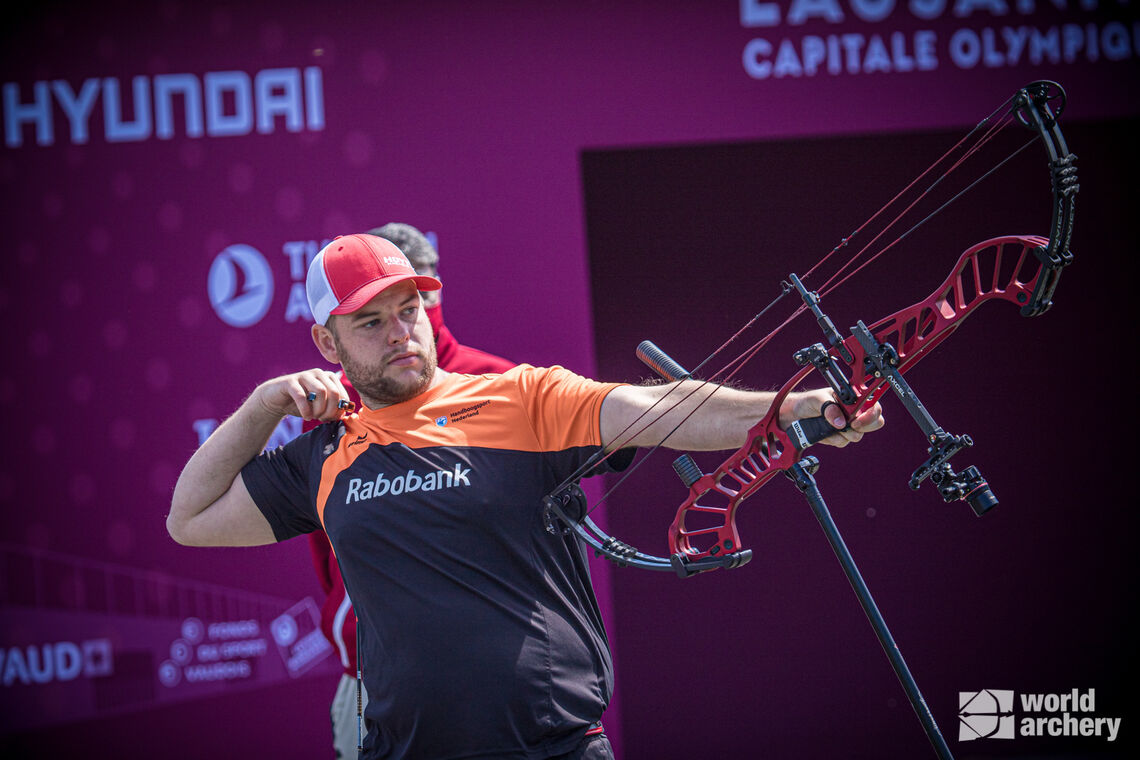 Mike Schloesser shoots at stage two of the 2021 Hyundai Archery World Cup in Lausanne. 