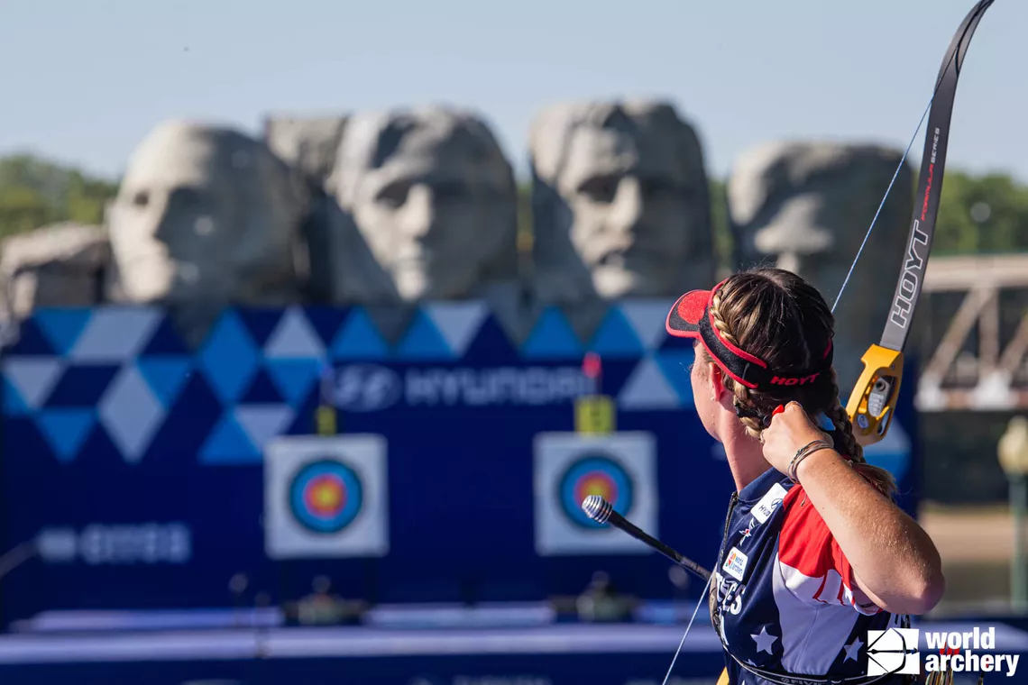 Casey Kaufhold shoots at the Yankton 2021 Hyundai World Archery Championships.