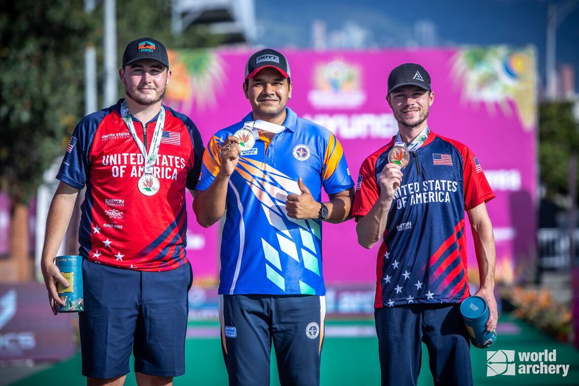 Compound men’s podium at Medellin 2023 Hyundai Archery World Cup.