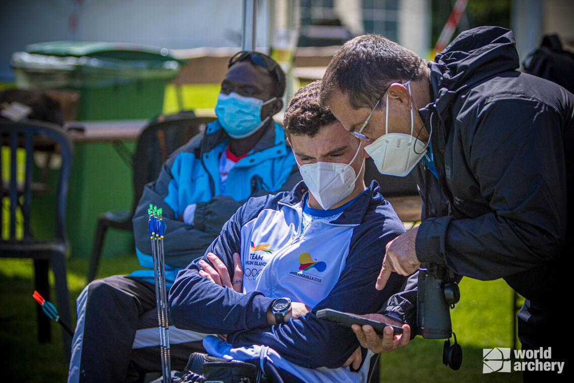 Nicholas D'Amour prepares to shoot at the second stage of the 2021 Hyundai Archery World Cup in Lausanne.