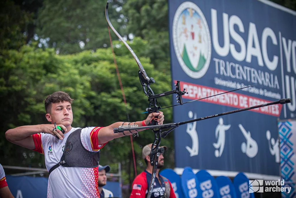 Daniel Castro shoots during finals at the first stage of the 2021 Hyundai Archery World Cup in Guatemala City.