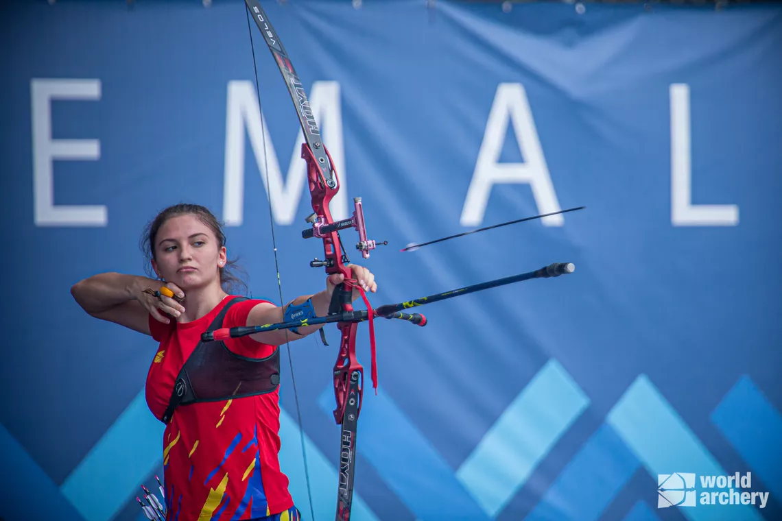 Madalina Amaistroaie shoots at the first stage of the 2021 Hyundai Archery World Cup in Guatemala City.