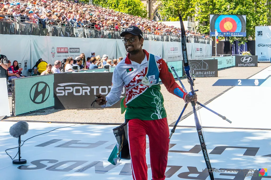 Ruman Shana celebrates at the 2019 World Championships in Den Bosch.