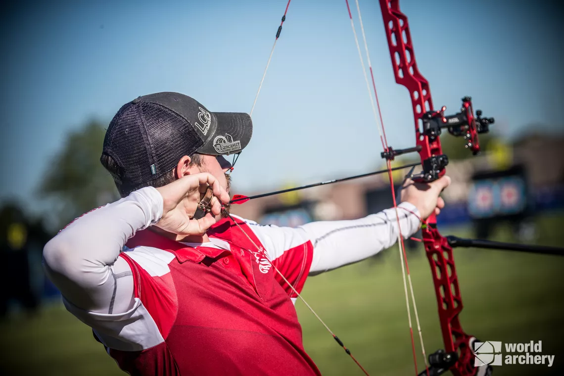 Chris Perkins shoots at the Yankton 2021 Hyundai World Archery Championships.