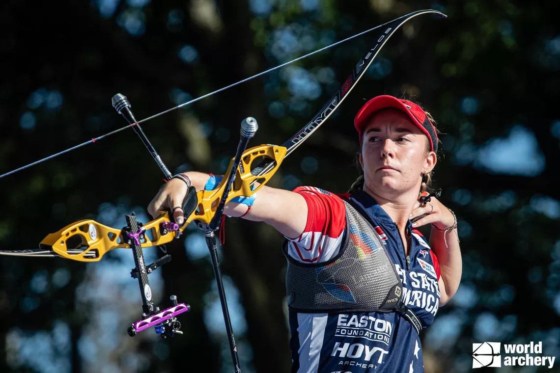 Casey Kaufhold shoots at the Yankton 2021 Hyundai World Archery Championships.