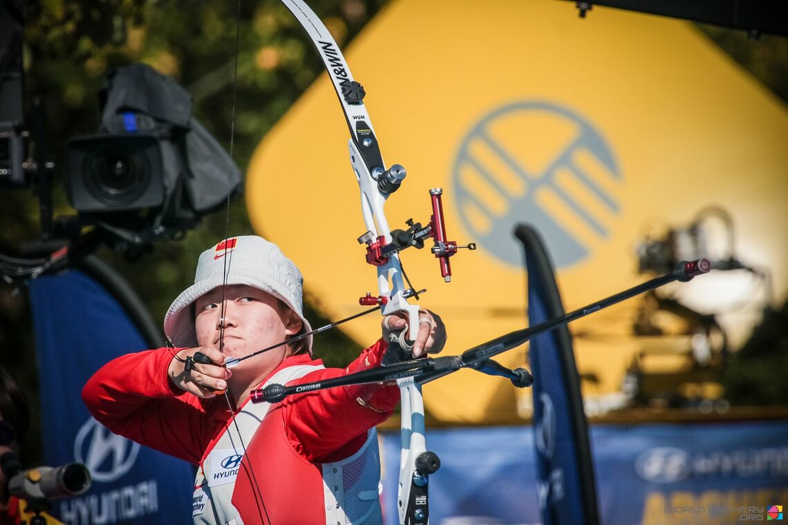 Wu Jiaxin shoots at the Odense 2016 Hyundai Archery World Cup Final. 