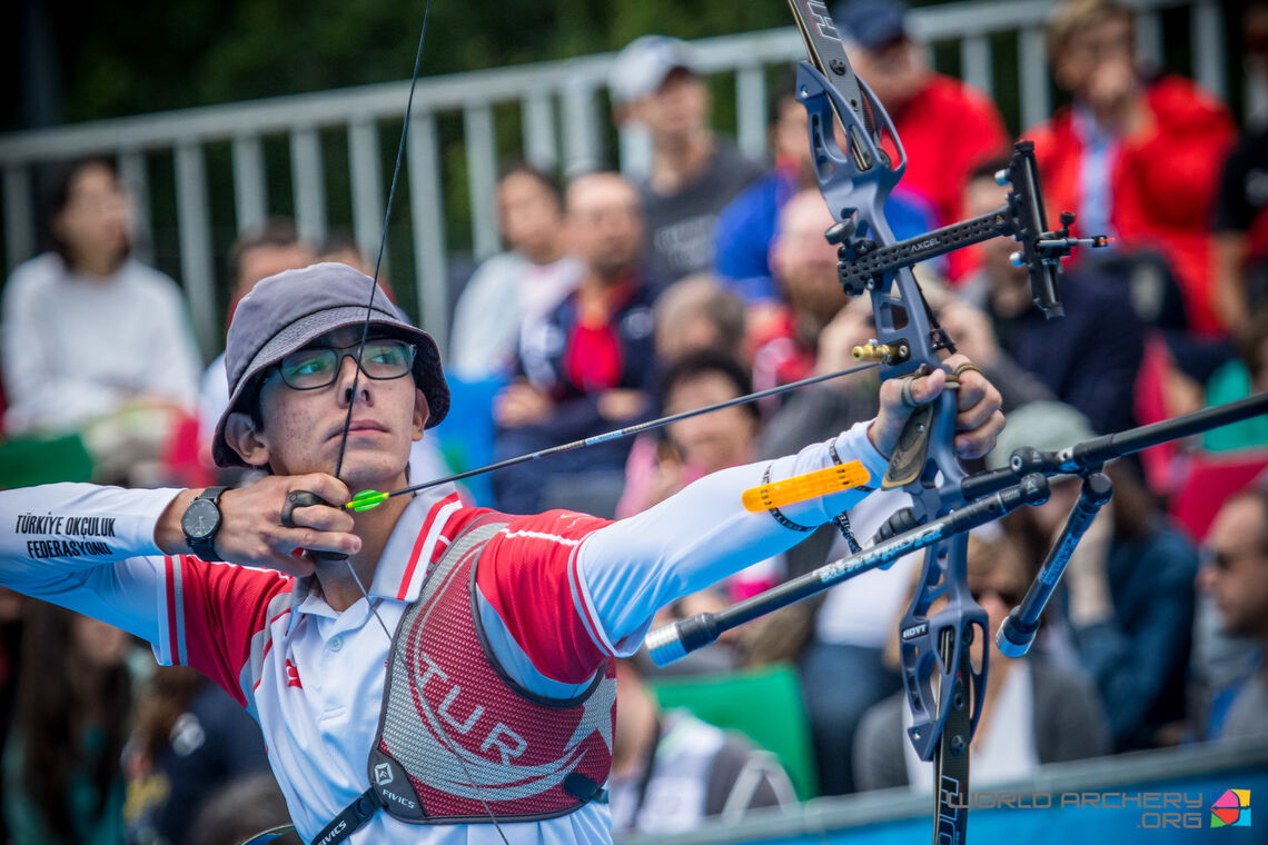 Mete Gazoz shoots at the fourth stage of the 2019 Hyundai Archery World Cup in Berlin. 