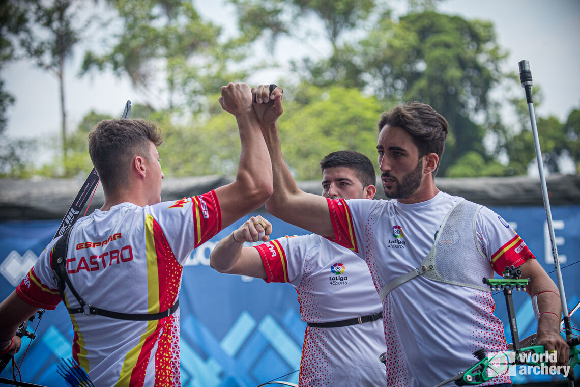 Spain celebrates its victory at stage one of the 2021 Hyundai Archery World Cup in Guatemala City. 