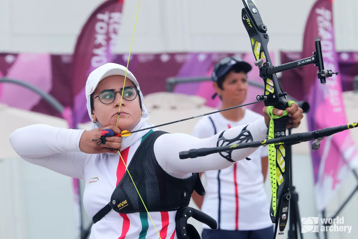 Zahra Nemati shoots at the Tokyo 2020 Test Event.