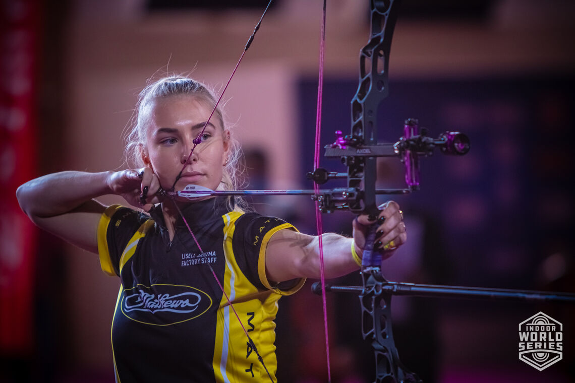 Lisell Jaatma shoots at the 2021 Sud de France – Nimes Archery Tournament.