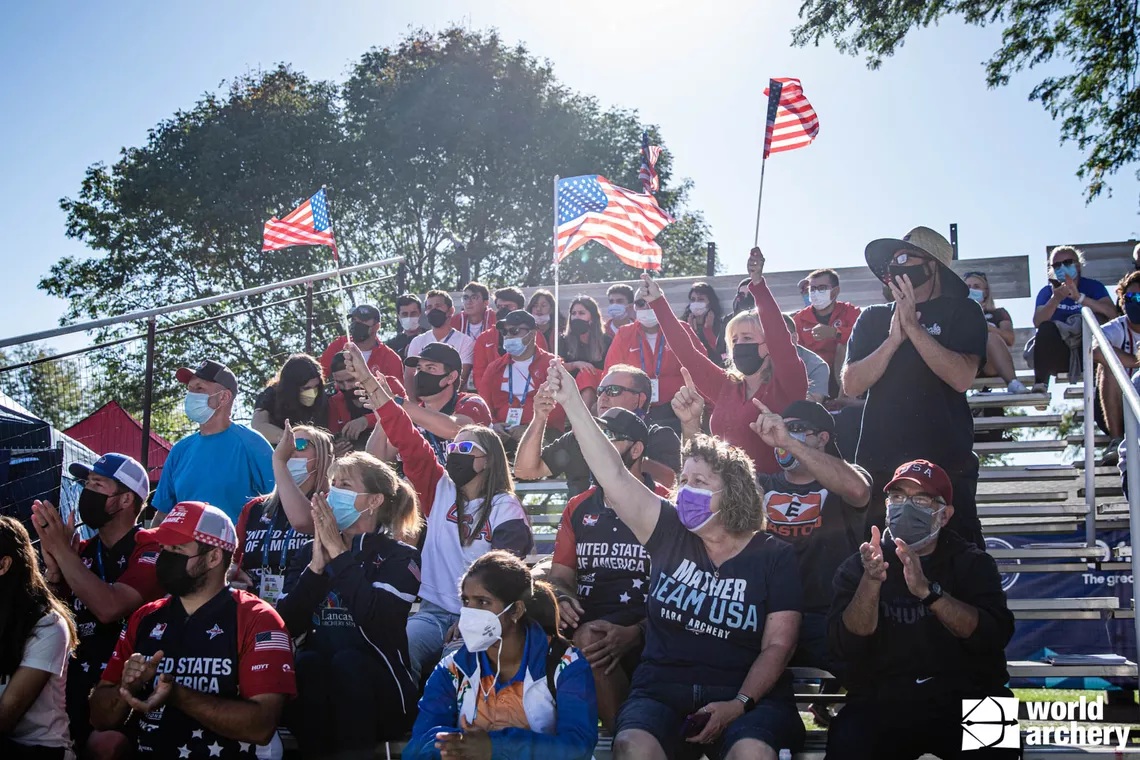Fans cheer for their favourite archers at the Yankton 2021 Hyundai World Archery Championships. 