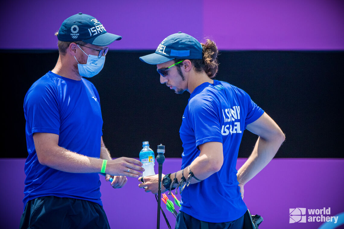Itay Shanny and Guy Matzkin take a moment to talk during the Tokyo 2020 Olympic Games. 