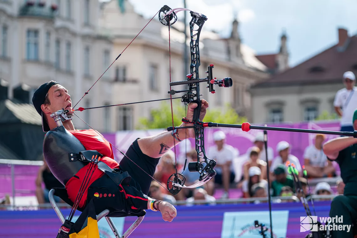 Piotr Van Montagu shooting for in the compound men’s bronze medal match,