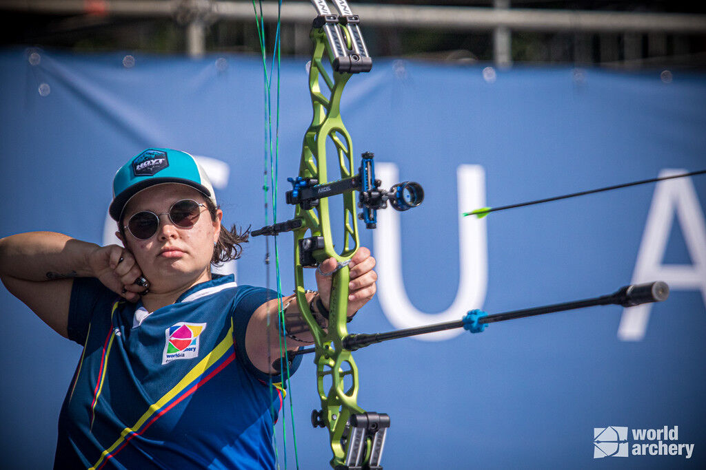Nora Valdez shoots during the gold medal match of the first stage of the 2021 Hyundai Archery World Cup in Guatemala City.