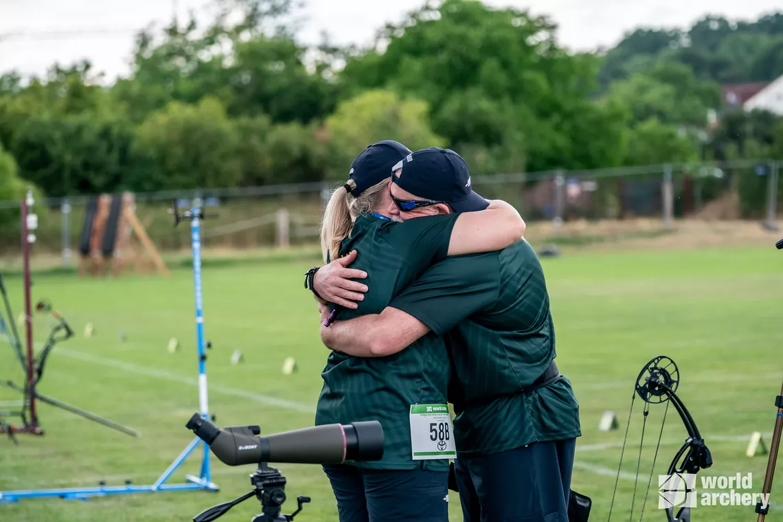 Craig Newbery and daughter Jacqui celebrate on the elimination field.