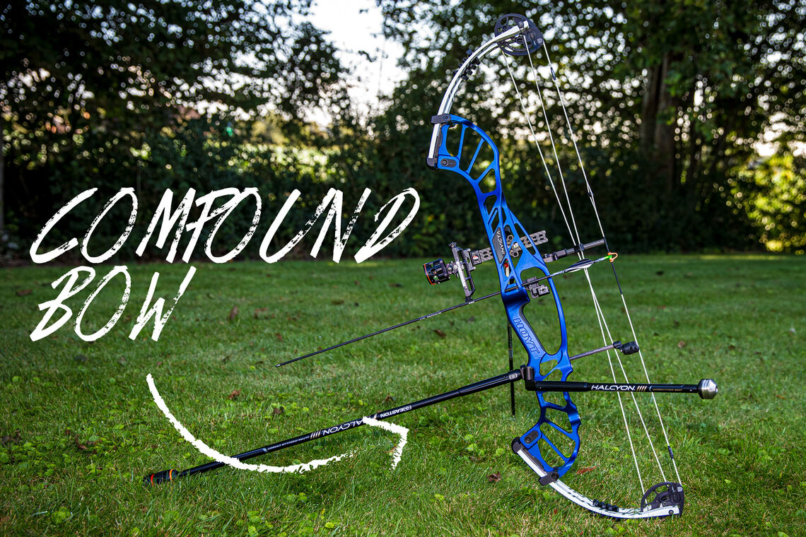 Annotated picture of a compound bow.
