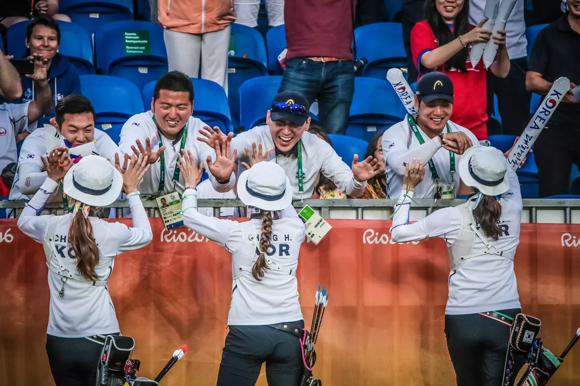 Korean recurve women celebrate winning the Rio 2016 Olympic Games.