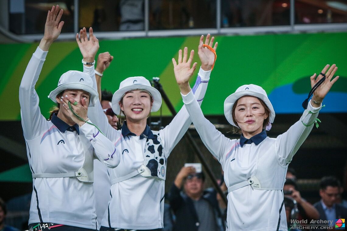 The Korean recurve women’s team celebrates winning the Rio 2016 Olympic Games.