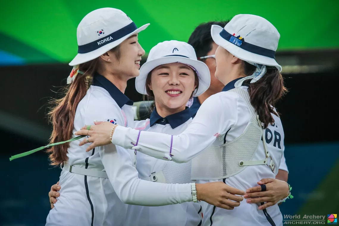 The Korean recurve women’s team celebrates winning the Rio 2016 Olympic Games.