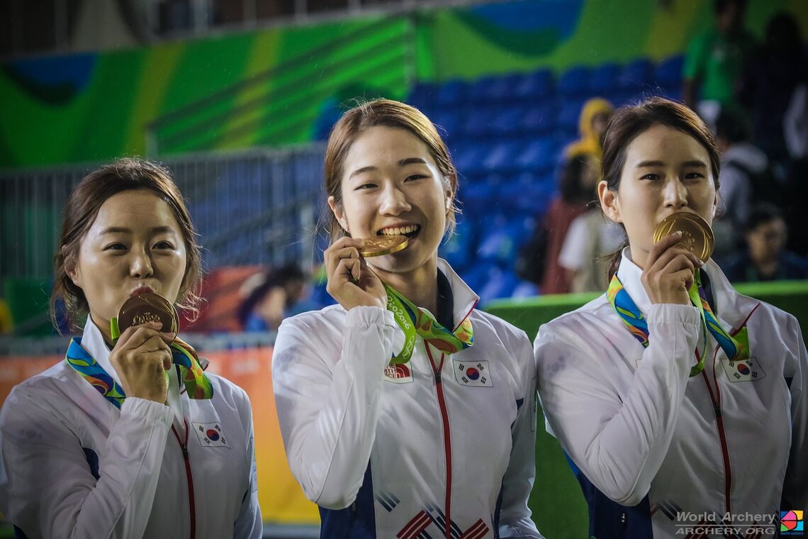 The Korean recurve women’s team with their gold medals at the Rio 2016 Olympic Games.