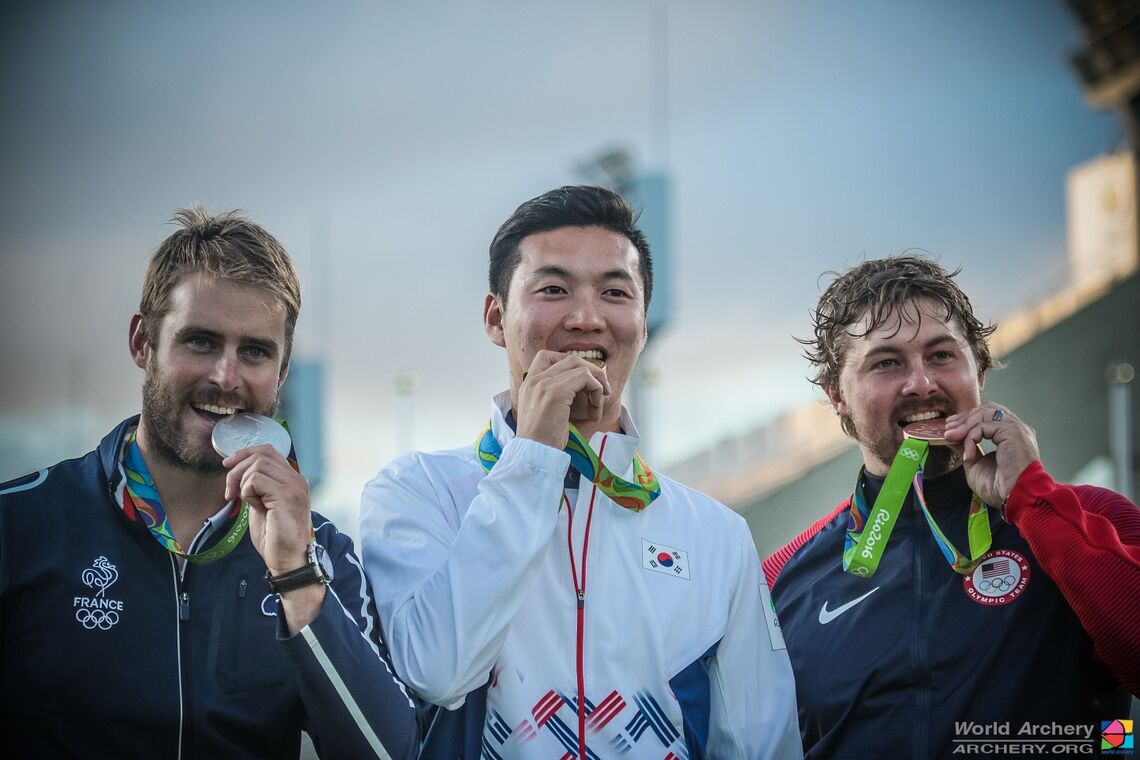 The recurve men’s podium at the Rio 2016 Olympic Games.
