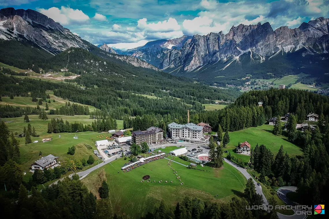 The practice range and base camp for the 2018 World Archery Field Championships in Cortina, Italy.