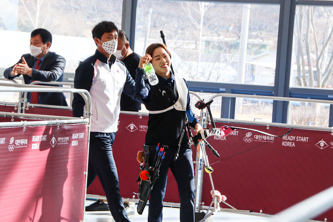 Chang Hye Jin exits the replica mixed zone.