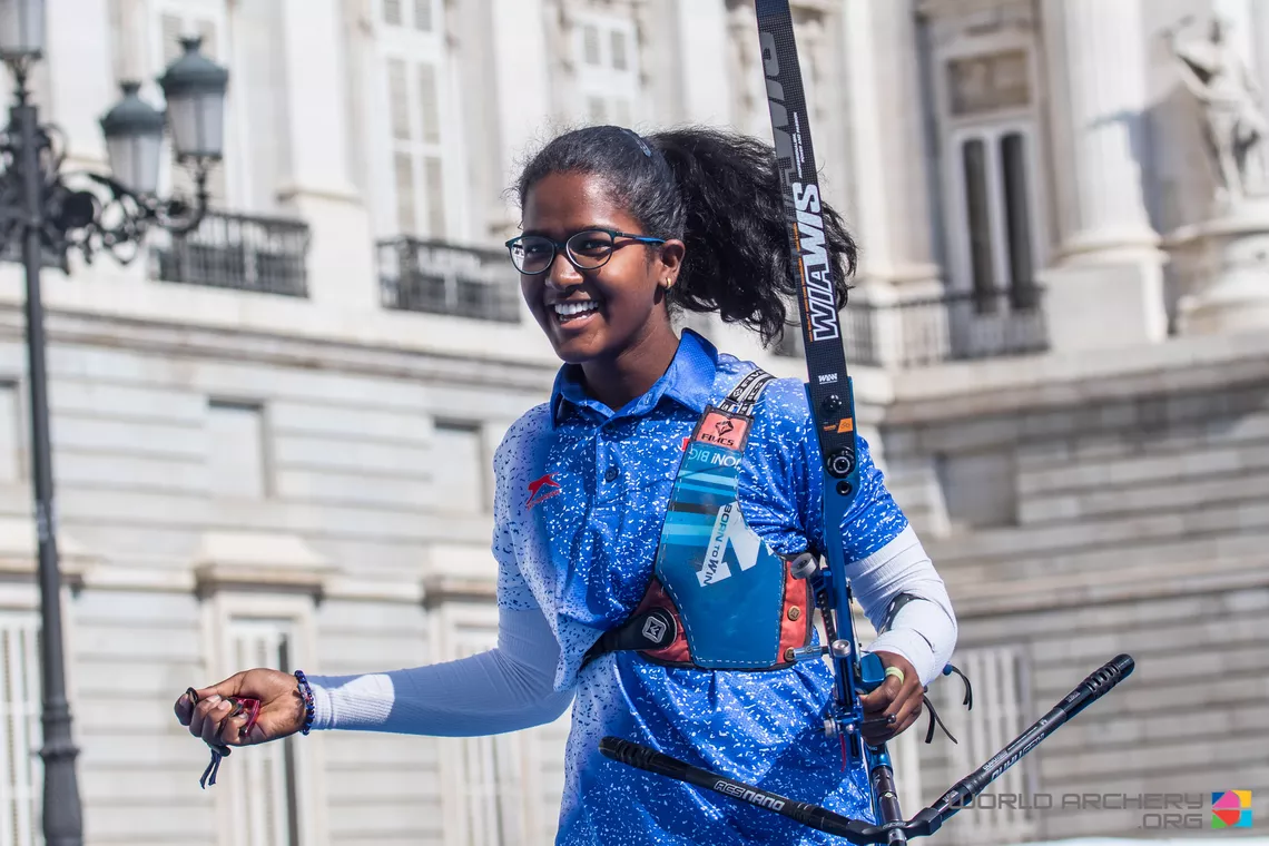 Komalika Bari celebrates winning the under-18 (cadet) world title in 2019.
