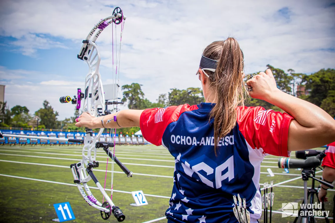 Linda Ochoa-Anderson shoots during practice at the first stage of the 2021 Hyundai Archery World Cup in Guatemala City.