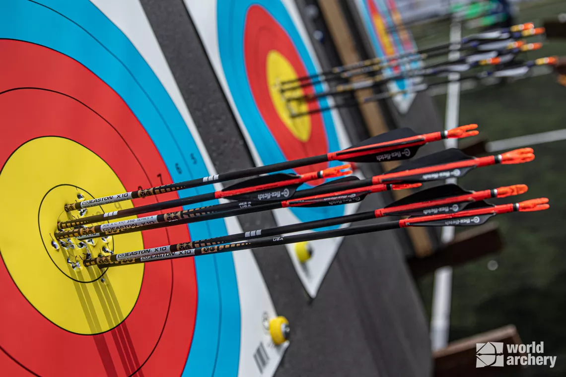Mike Schloesser’s target during qualification at the first stage of the 2021 Hyundai Archery World Cup in Guatemala City.